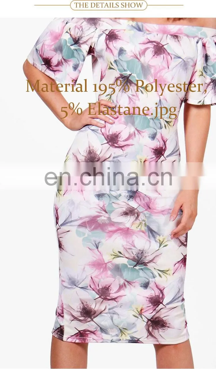 newest women clothes Frill Sleeve print Floral off shoulder midi dress
