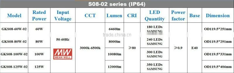 LM80 IP64 121lm/w 300W E40 metal halide led replacement lamp