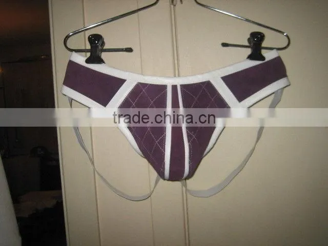 Black leather jock strap with purple strips