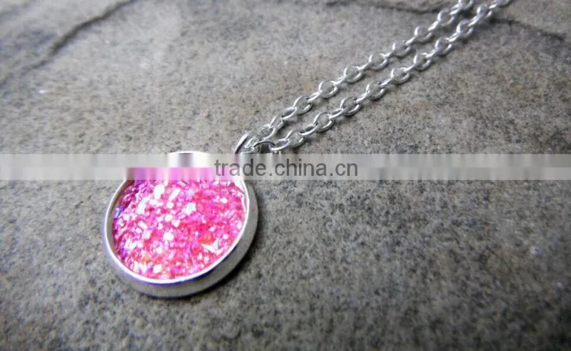 12MM Round Pink Drusy Stone Necklace Hot Pink Druzy Necklace