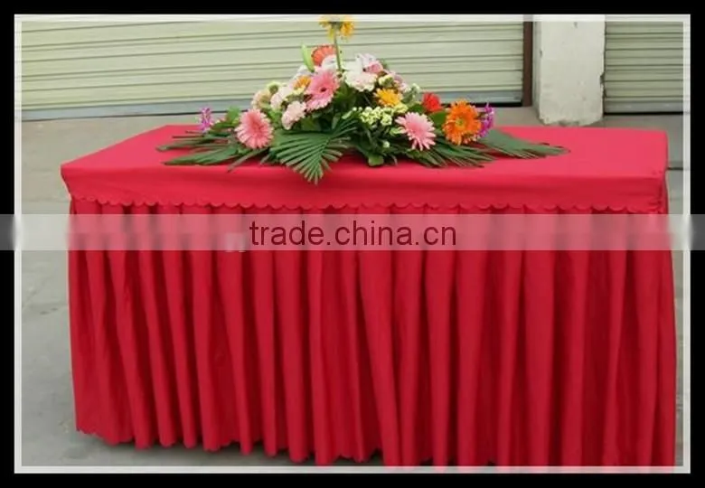 hotel table skirt / fancy ruffled red table skirt / wedding and exhibition show table skirt
