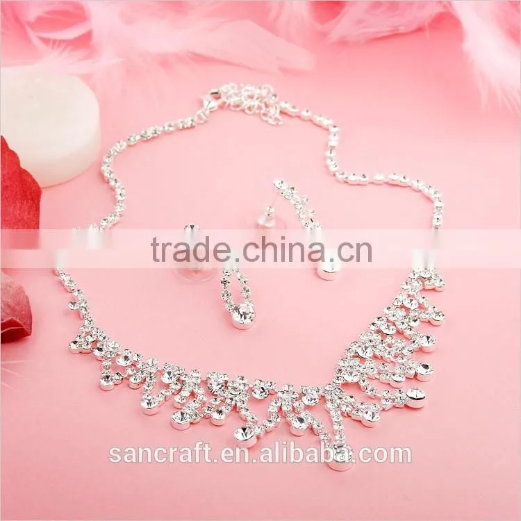 Wholesale Min Order Fashion Full Crystal White Gold Plated Necklace Earrings Crystal Jewelry Set Bridal Wedding