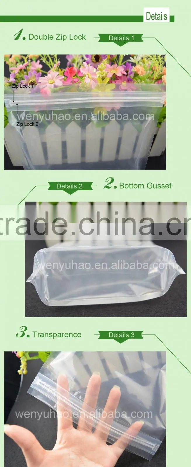 food grade transparent packing bag for food / double zipper food grade transparent packing bag for food