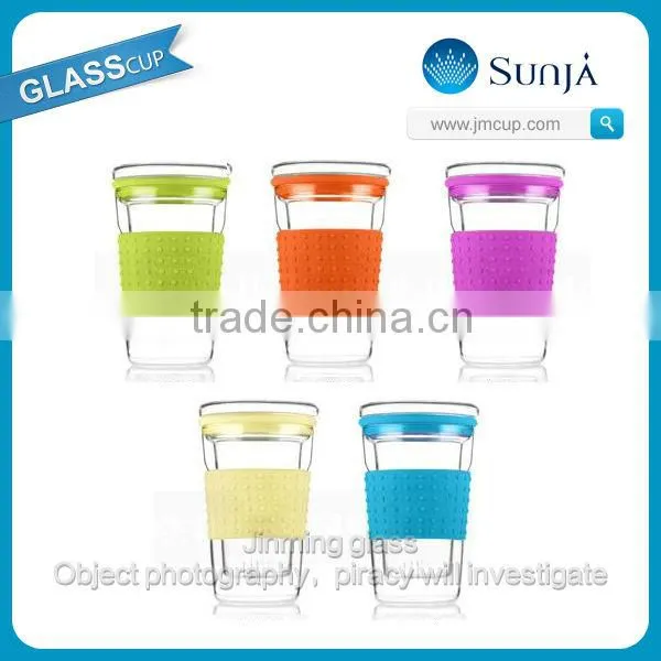 colorful heat preservation double wall glass cup with silicone lid