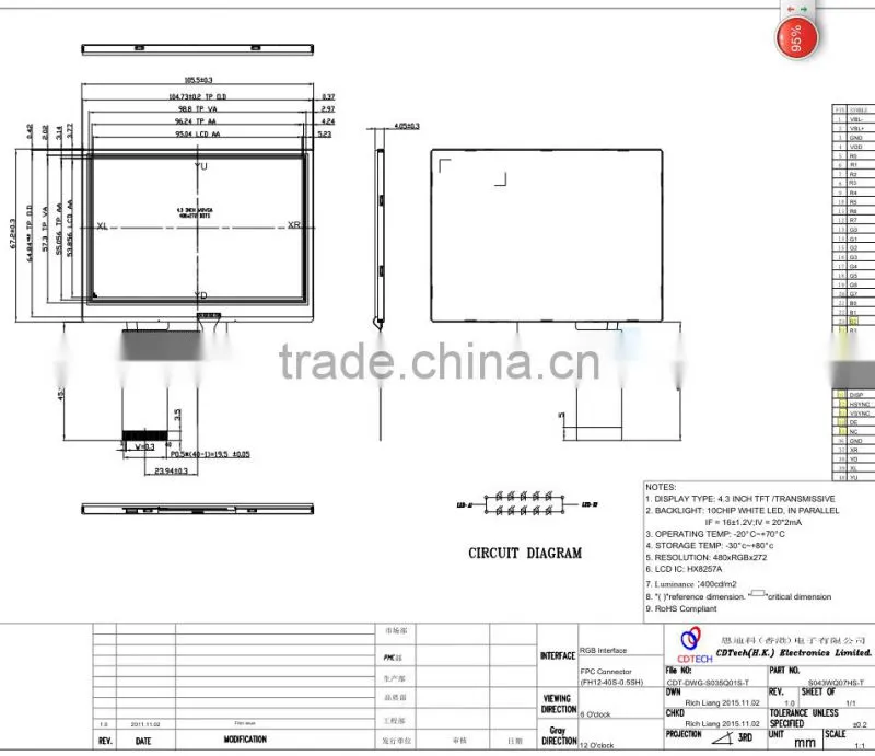 Top selling 4.3 inch TFT panel 480x272 TFT lcd display with RTP