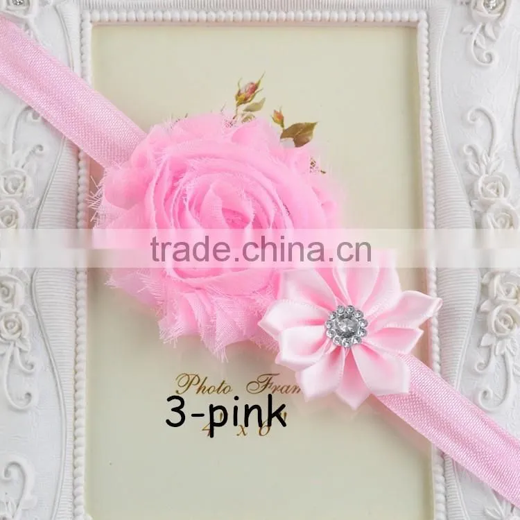Solid grosgrain ribbon headwear, Kids Girl chiffon Flower Headband Elastic Hair Band hair tie mixed colors