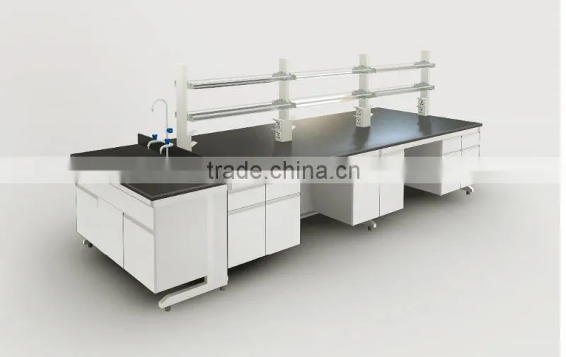 Heavy Duty Sheet Metal & Plywood Biology Lab Central Fabrication Work Table With Reagent Rack