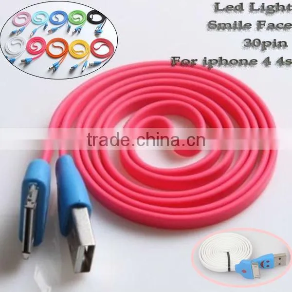 1m LED USB Cable Micro USB Cable With Led Light for iPhone Smile Face USB data charging cable charger lines for iphone 4 4s