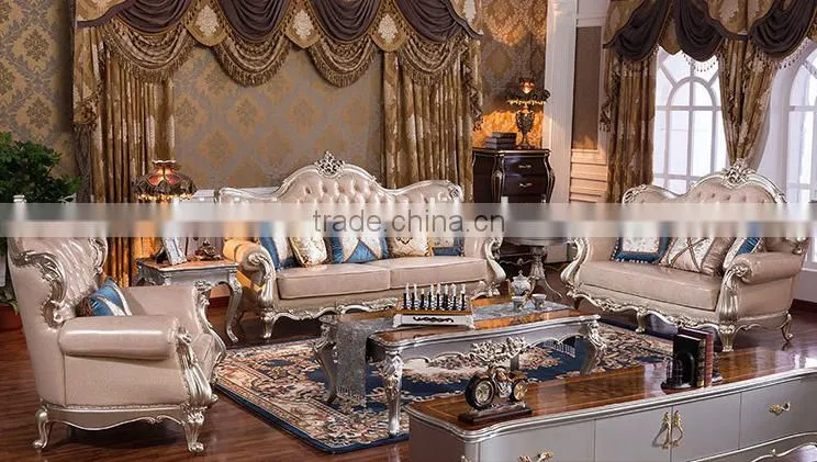 Classic European style living room solid wood magnolia flower hand carving genuine leather sofa set