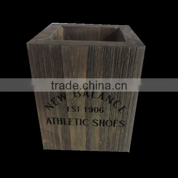 Unique custom vintage wooden pen holder with hand carved logo