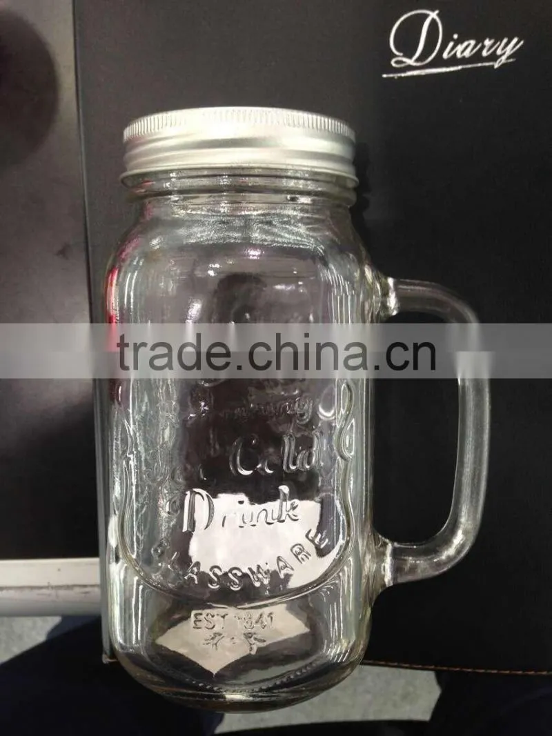 660ml drinkware clear glass handle jar with straw checkered lid