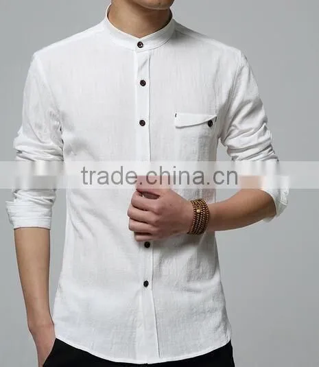 Latest summer shirt cotton linen chinese mandarin collar mens shirts