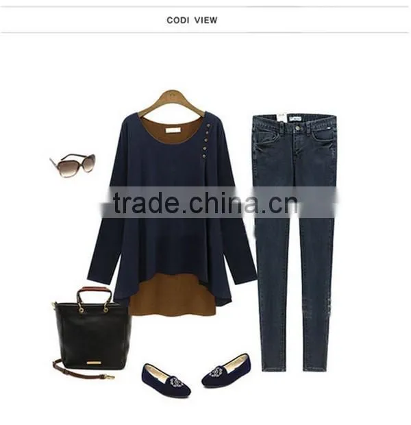 New design irregular two color fake two pcs long sleeve women wear loose T shirt water fall