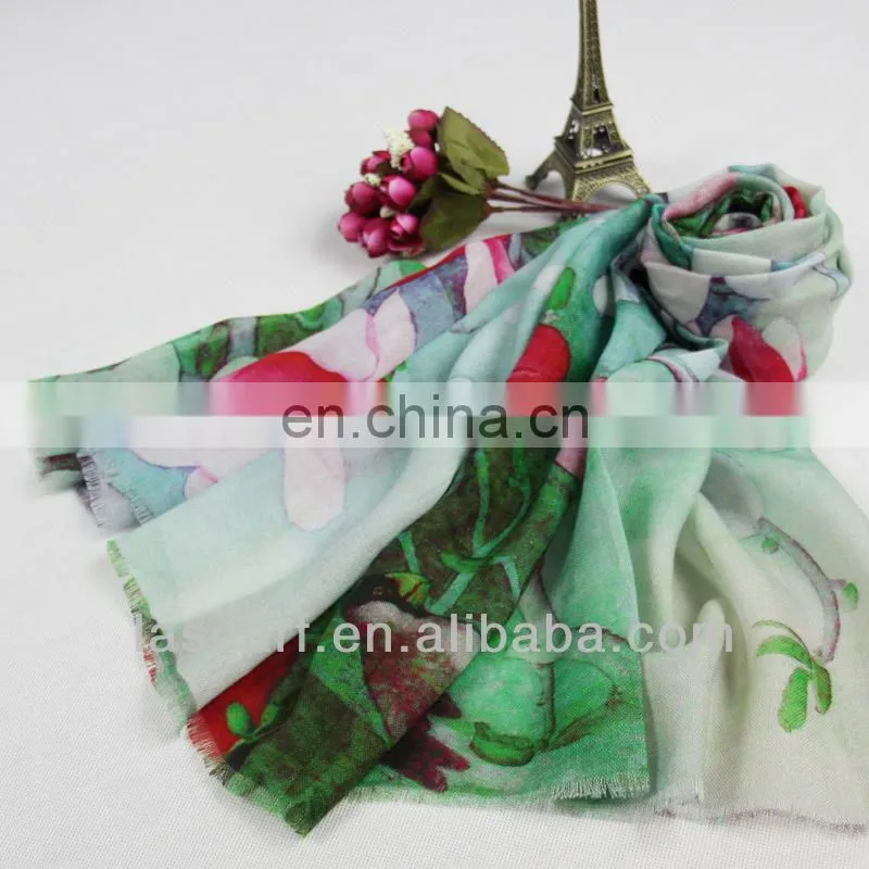 green color lotus pattern digital printing wool scarf