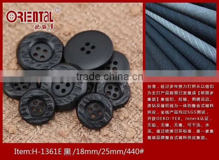 High end black plastic coat button with engrave pattern