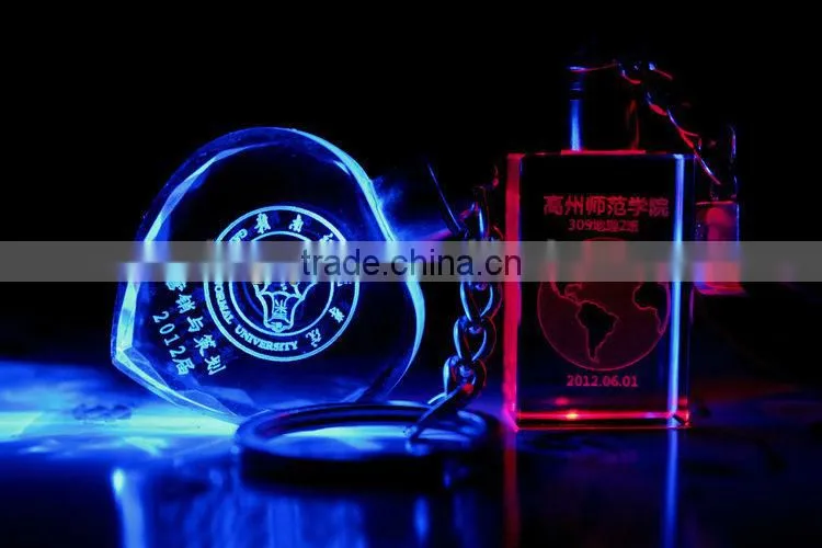 3D Transparent Led Crystal Key Chain With Laser Engraving Logo