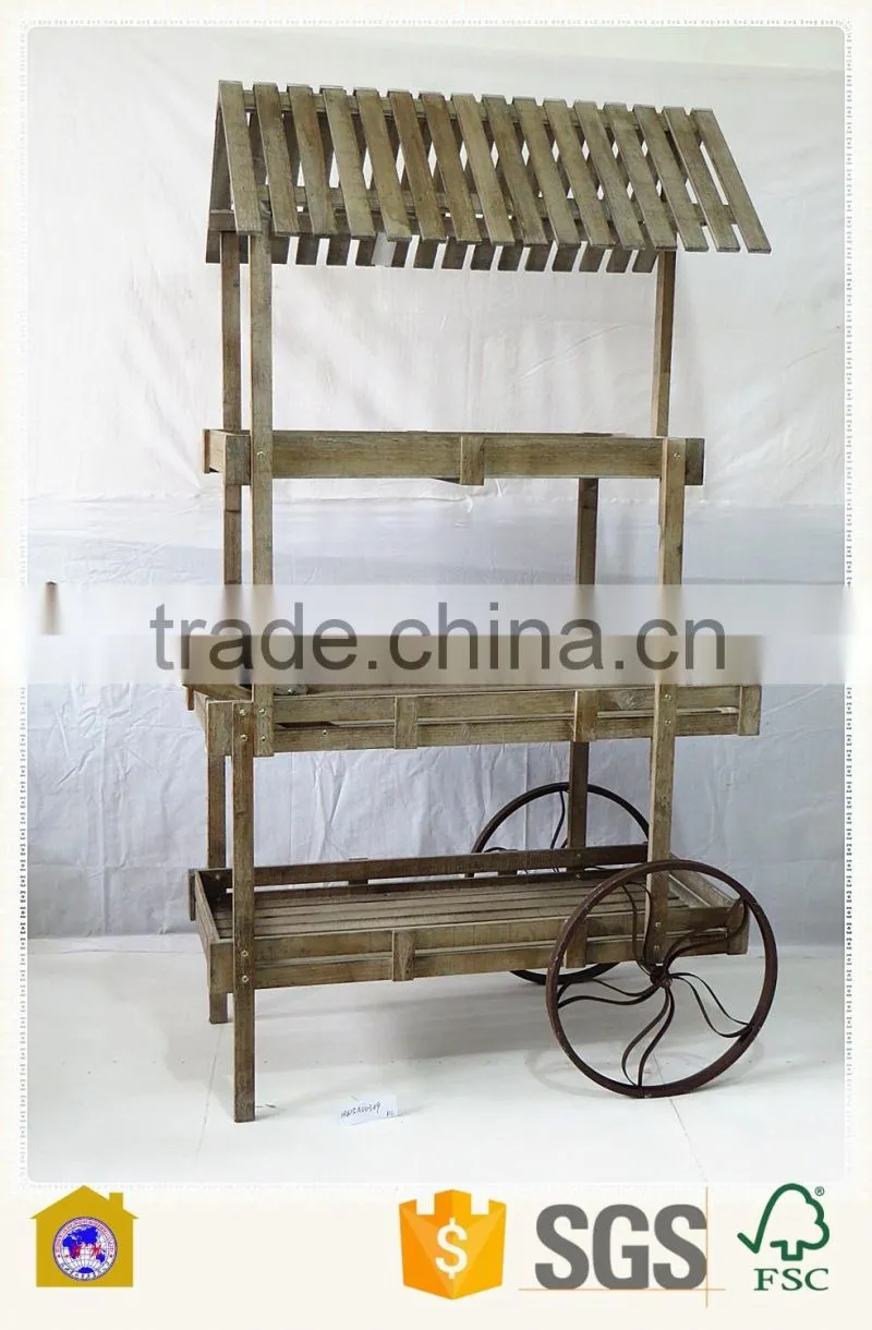 handmade outdoor vintage solid wooden flower cart wholesale for garden decor. HW15A00309