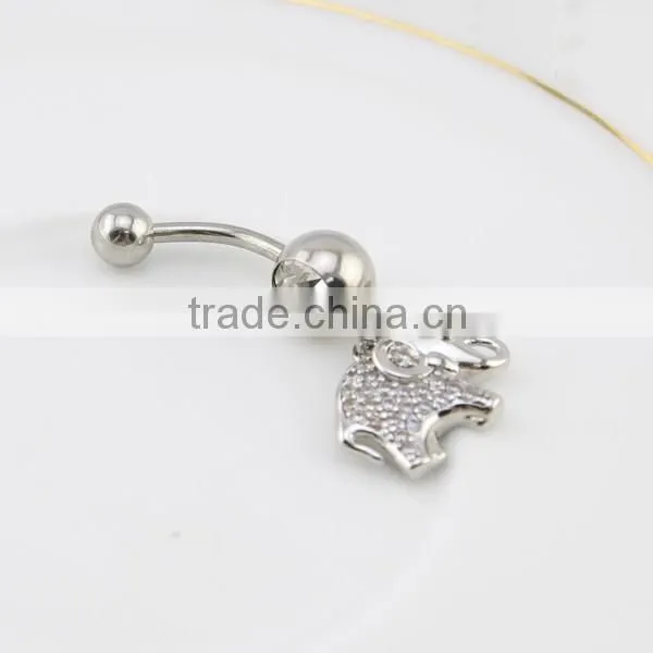 Stainless steel crystal women belly ring dangling elephant body piercing jewelry