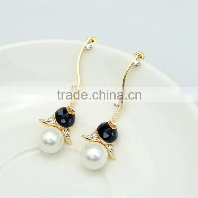 Bridal Wedding Golden Crystal Pearl Flower Drop Dangle Earrings
