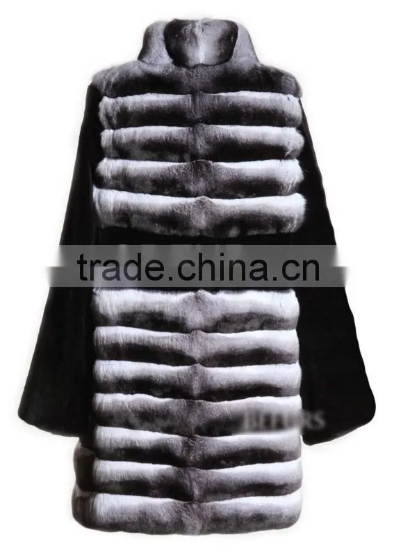 QD23122 High Quality Chinachilla Fur Coat Wit Mink Fur Cashmere Sleeve