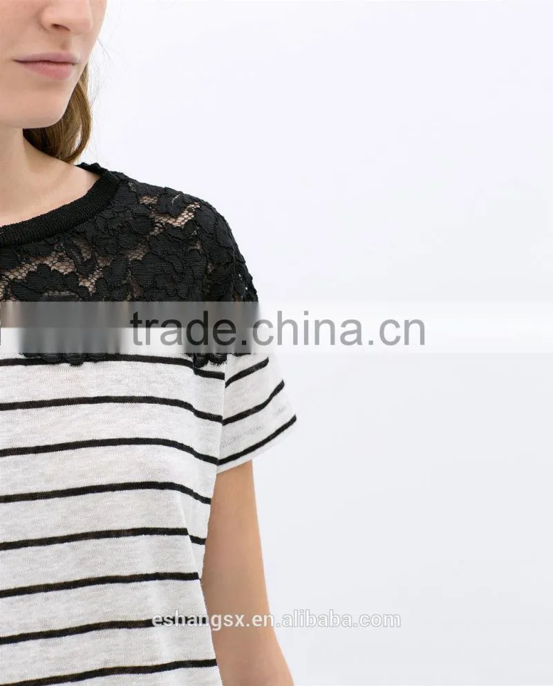 Ladies striped linen with lace fancy t-shirts