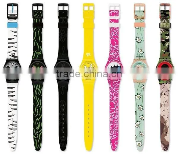 Most fashion PVC band plastic watch for promotion plastic unisex watch custom printed strap womens full printed plastic watch