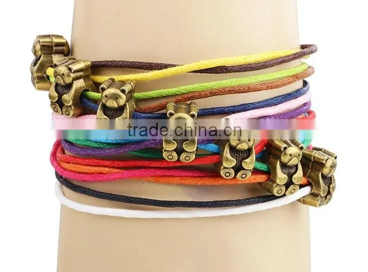 2016 Colourful multilayer rope bracelet with antique bronze bear charms