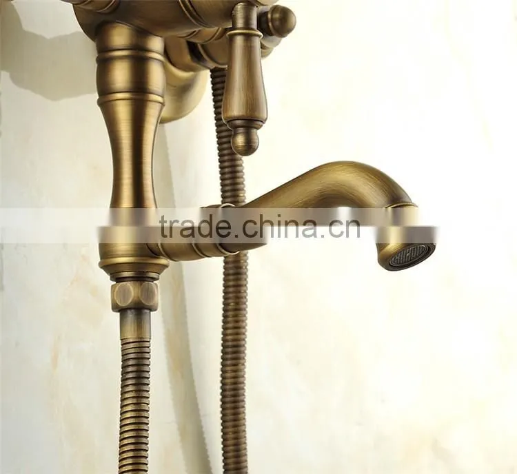 Popular antique style bathroom gold colored brass rainfall shower set antique bronze surface mounted bath shower set