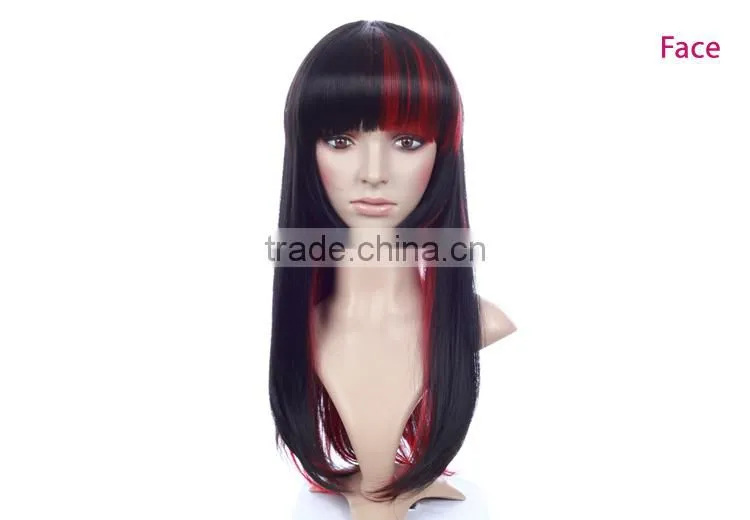 Cheap high heat resistant mix color red synthetic long cosplay wig with bangs