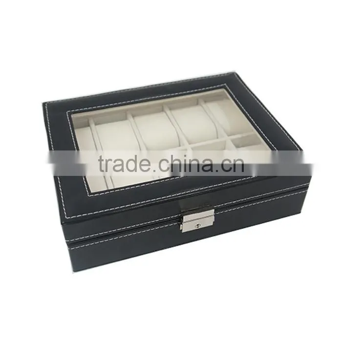 Store More Watch Box Large 10 Mens Black Leather Display Glass Top Jewelry Case Organizer