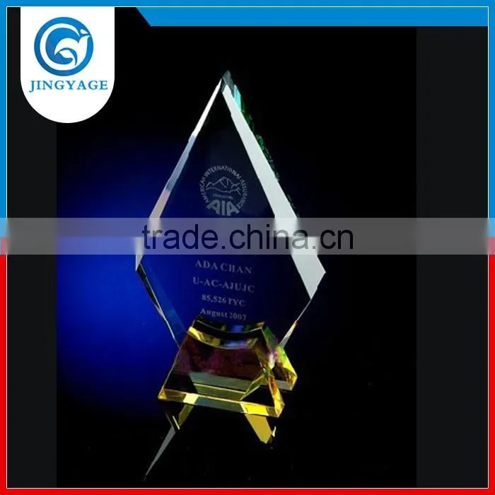 Jingyage high quality crystal trophy with yellow base custom crystal trophy and awards crystal cup