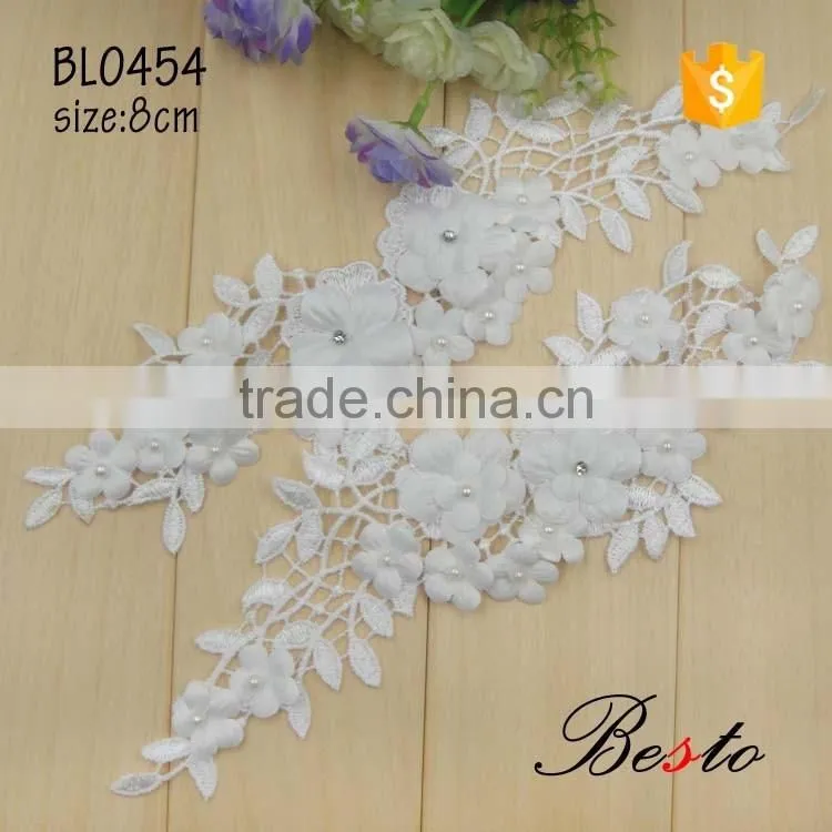 Fashion elagant white rhinestone lace cotton applique for wedding dresses