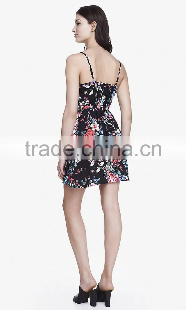 Woman Floral Spaghetti Straps Sexy Skater Rayon Dress