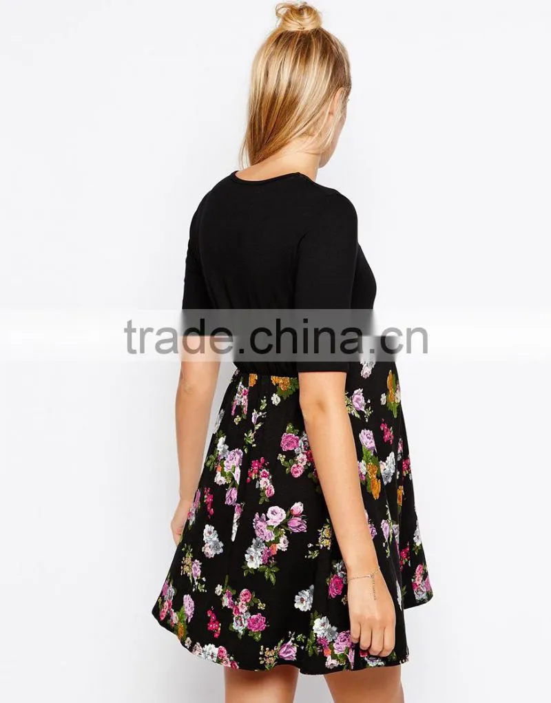 Maternity Floral Skater Dress With Plain Top And Twist Front