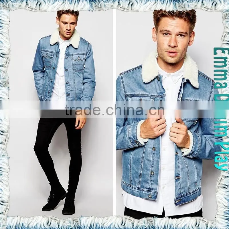 2015 New Style Winter Men's Light Blue Denim Fleece Jackets Coat