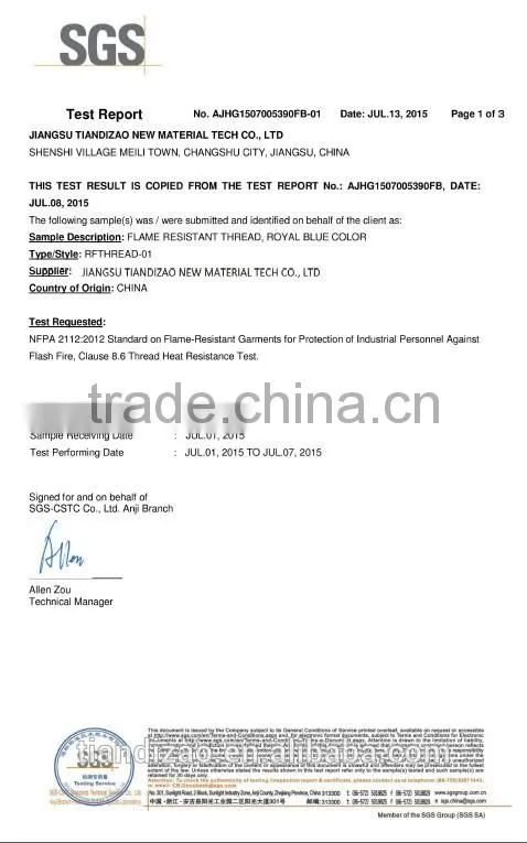 High temperature resistant sewing thread