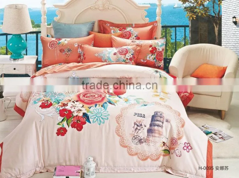 Hot selling chinese 3d printed rose pattern indian silk bedding set