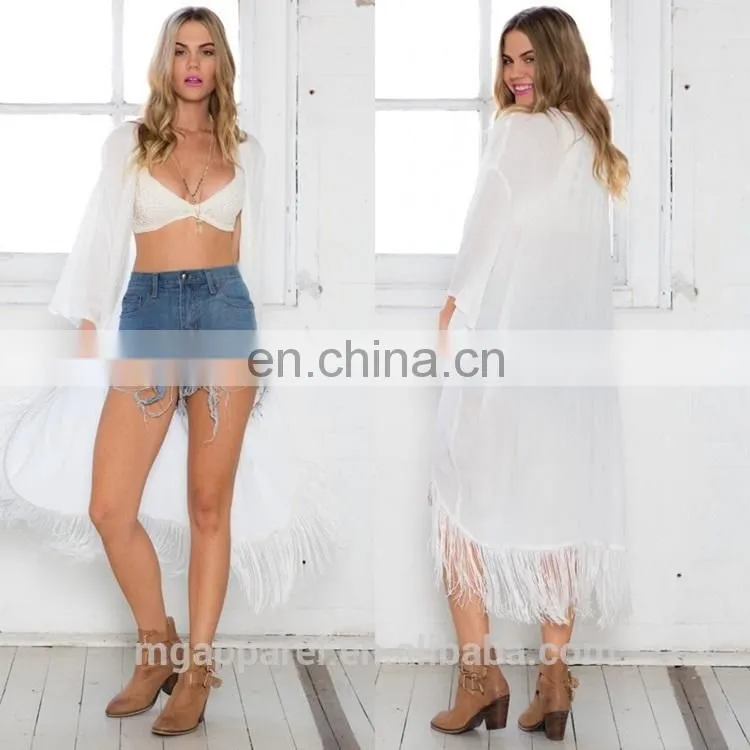 wholesale long loose cardigans white fringe kimono women