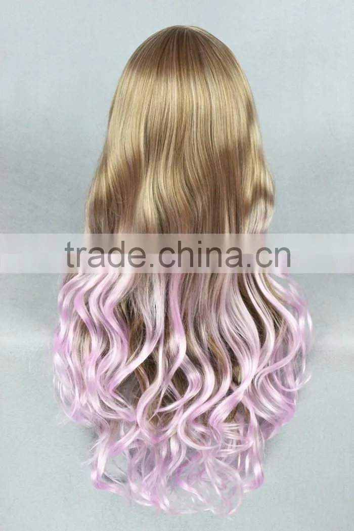 High Quality 80cm Long Wave Pink Mixed Synthetic Anime Lolita Wig Cosplay Costume Fashion Hair Wig Party Wig