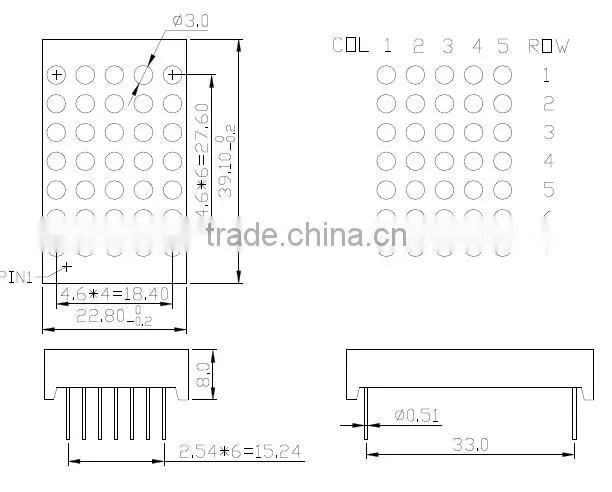 Single red color P3.0mm 5.0mm 5x7 clear white matrix glue display, LED Matrix 5x7
