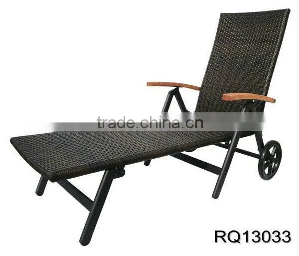 Pool Sun Lounger With Wheel PE Rattan Steel Frame