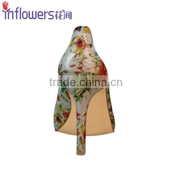 Flower printed leather pointed toe ladies sexy high heels