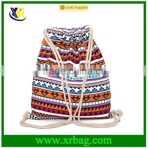 Custom fashion style pattern cotton canvas drawstring backpack bag