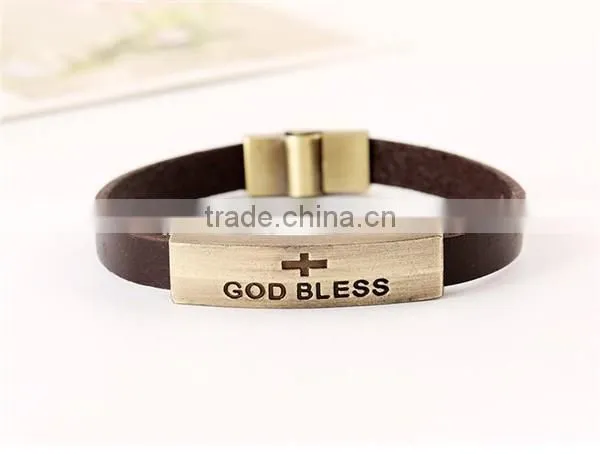 Vintage punk style god bless magnetic leather bracelet with metal plate