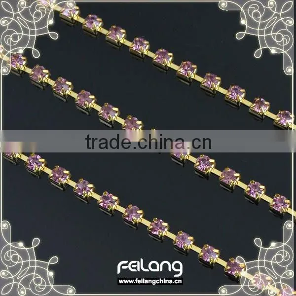 Light amethyst rhinestone cup chain golden claw,MOQ 50m paypal accepted,sparse chain,crystal rhinestone chain