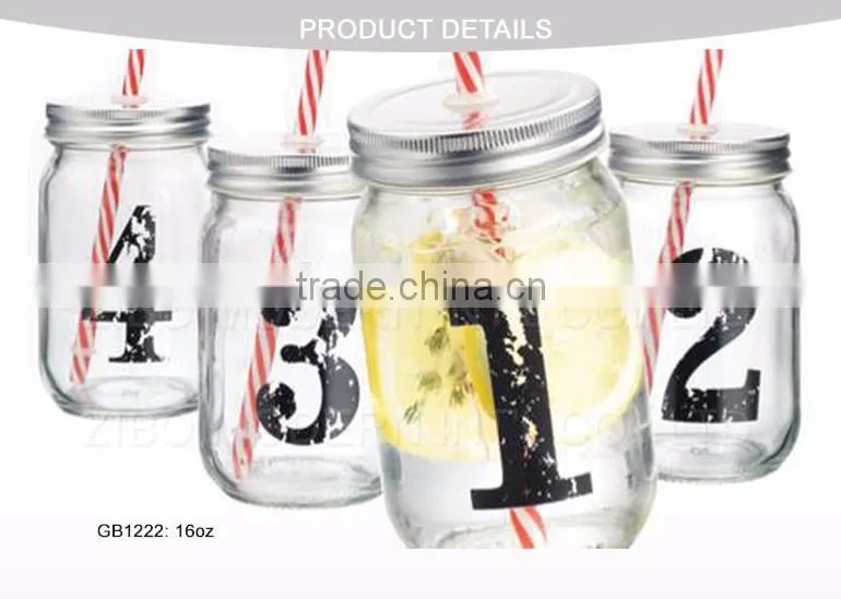 Wholesale Drinking Jar Colored Decal Glass Bulk Mason Jars With lid And Straw