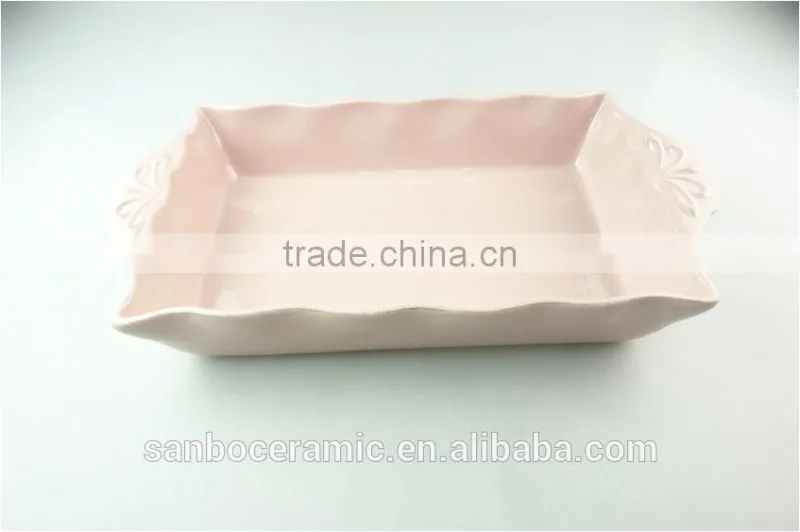 Stocklot light glaze rectangular shape ceramic bakeware with handles