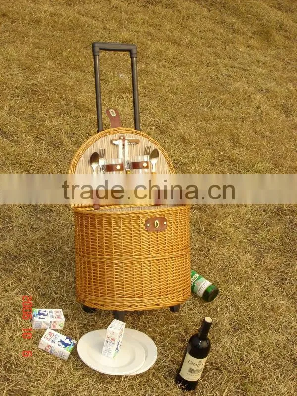 handweave wicker picnic basket with wheels& trolley&pull rodand wheels in autumn &fall