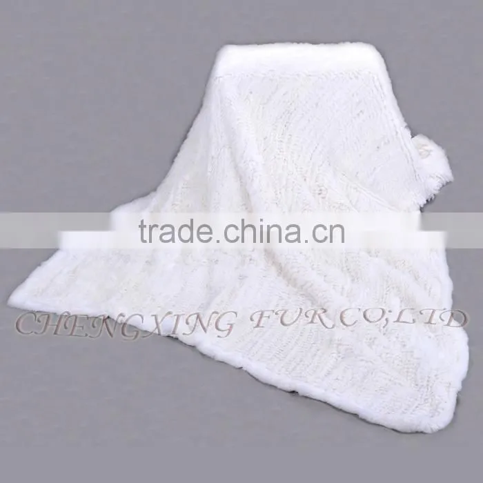 CX-D-95 European Fashion White Knitted Real Rex Rabbit Fur Blanket Area Rug For Living Room
