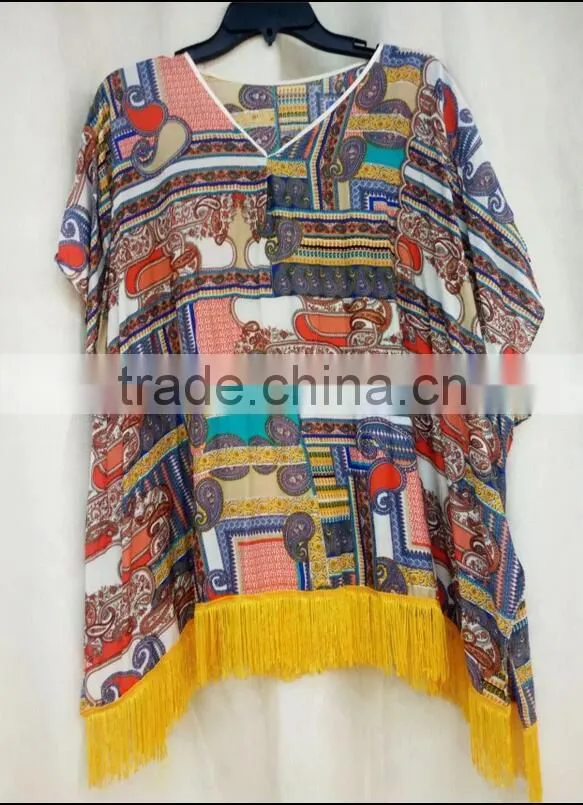 Hot sale ladies' fashion floral printed kimono with tassel viscose cotton soft blouses
